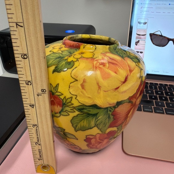 Vintage Mid Century Decoupage Art Pottery Vase Raised Floral Yellow Decor - Picture 6 of 6